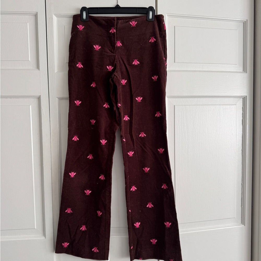Lilly Pulitzer Brown Corduroy Pants with Pink Embroidery (bees!)